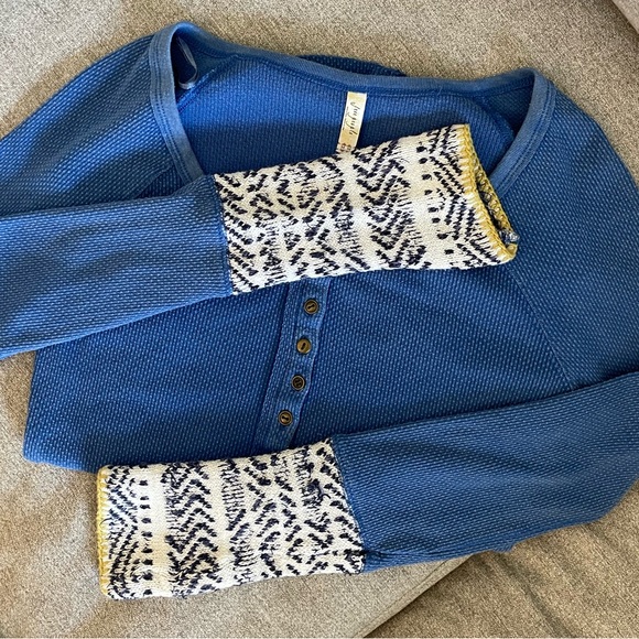 Free People blue long sleeve with Aztec sleeves. Medium, like new. - Picture 1 of 5